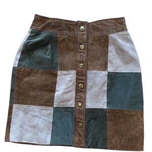 She Said Vintage Patchwork Suede Leather Mini Skirt Brown Green Size 0 Button Up